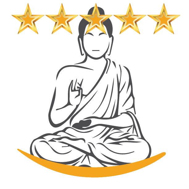 Zonmaster logo: Buddha on the swoosh with 5 stars - just like what your product can get